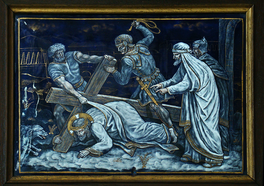 Art from Church of Notre-Dame-des-Champs, Avranches, Manche, Normandie, France. Fourteen enamel paintings, technique from Limoges, representing the Stations of the Cross (from WIkiMedia Commons.)